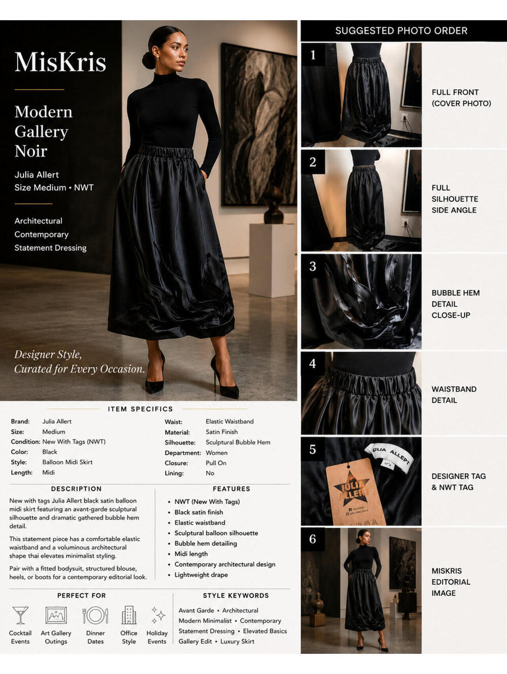 Julia Allert Black Satin Balloon Midi Skirt NWT Size Medium Avant Garde